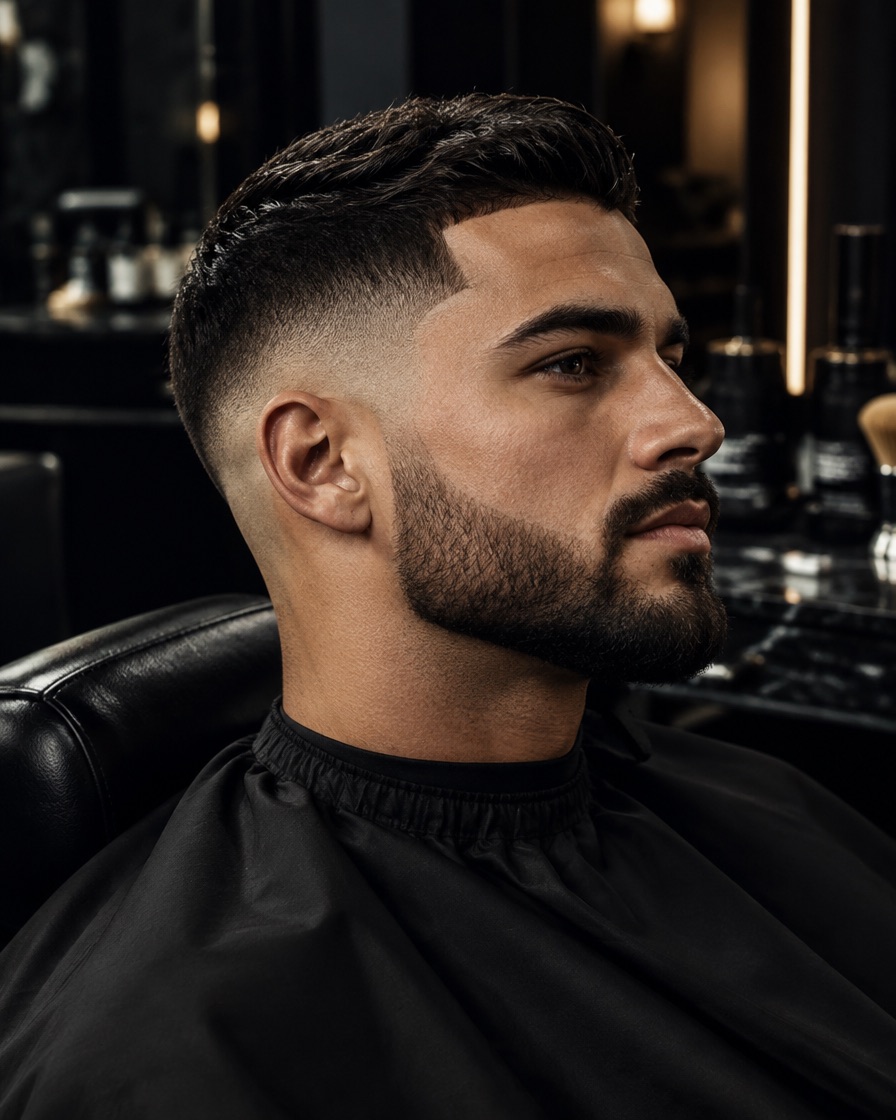 Close-up of a finished fade and beard line